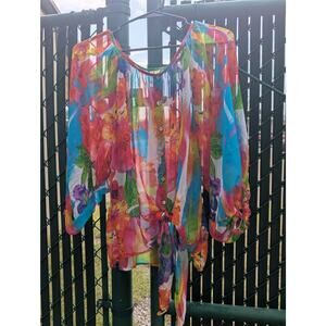 Gauzy semi sheer rainbow colored puffed sleeve blouse w/mother of pearl buttons